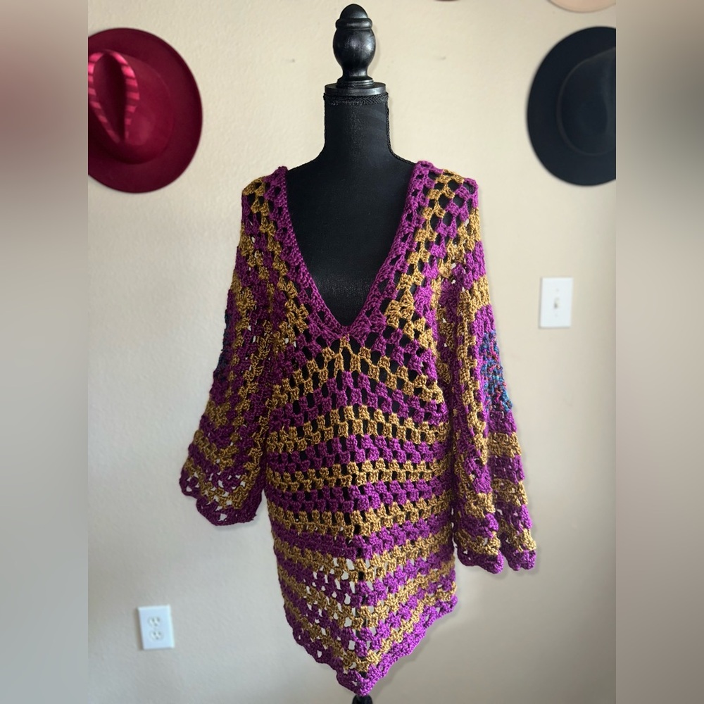 XL Purple and Gold Crochet Sweater